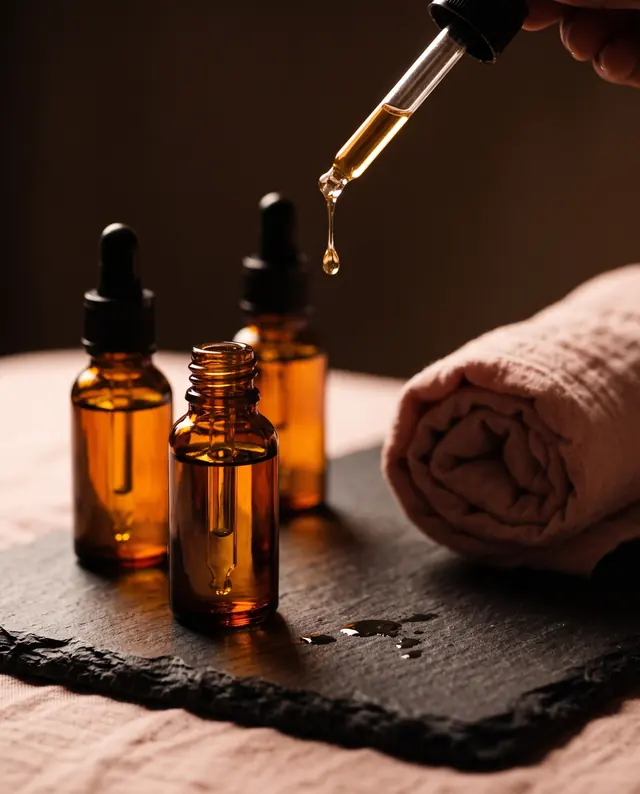 Amber dropper bottles of aromatherapy oil and a rolled towel on dark stone